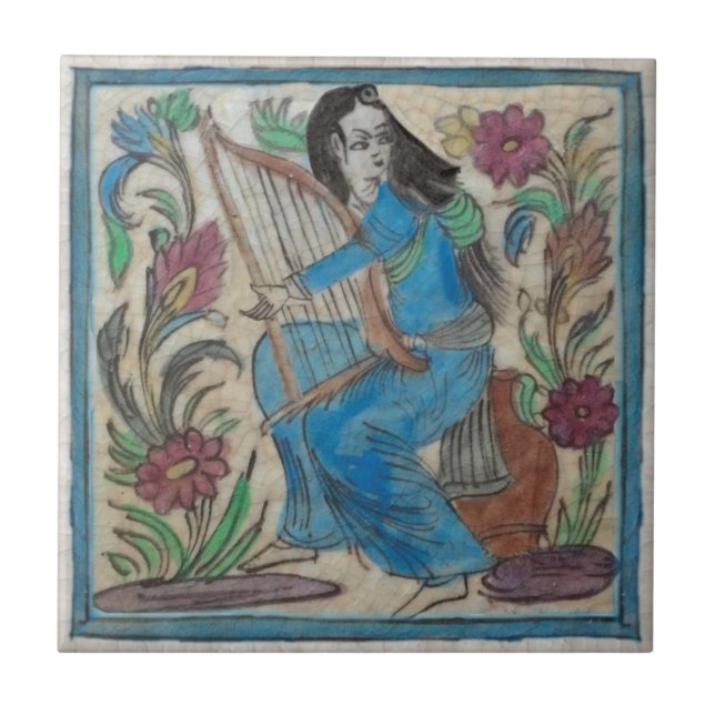 Handpainted Woman with Harp Persian Antique Repro Ceramic Tile (Front)