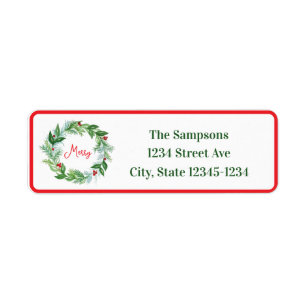 Handpainted Wreath Red Border MERRY Address Label