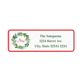 Handpainted Wreath Red Border MERRY Address Label
