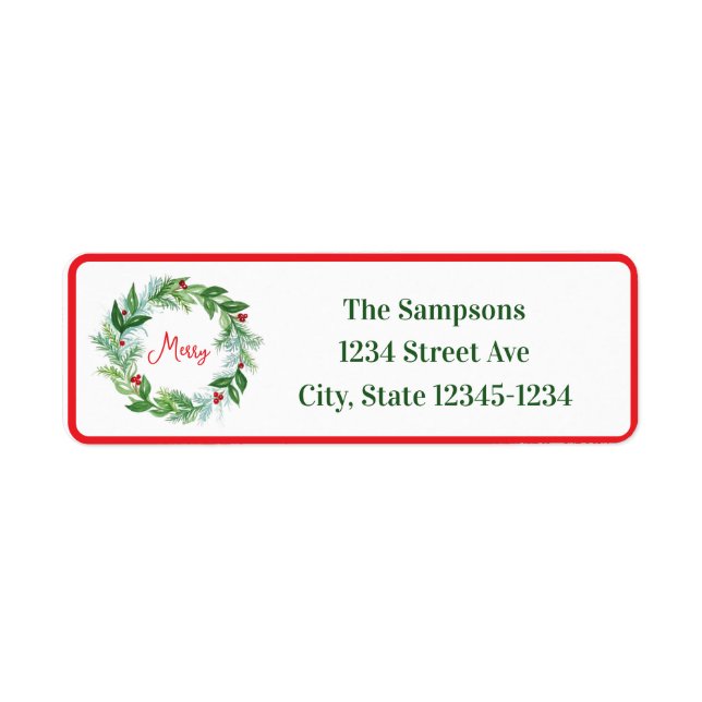 Handpainted Wreath Red Border MERRY Address Label (Front)