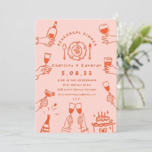 Handpainting Retro  Contemporary Rehearsal Dinner Invitation