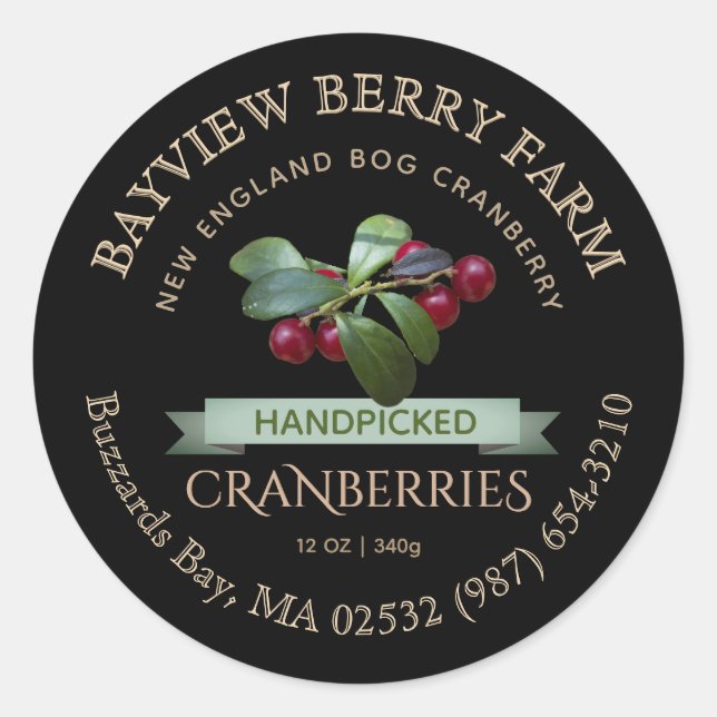 Handpicked Local Cranberry Label Gold on Black (Front)