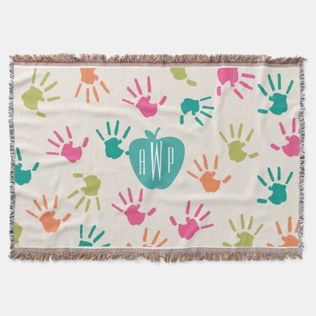 Handprints and Turquoise Apple Monogram Teacher Throw Blanket (Front)