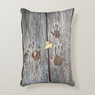 Handprints Birds on Wooden Boards with Autumn Leaf Accent Pillow