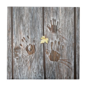 Handprints Birds on Wooden Boards with Autumn Leaf Ceramic Tile