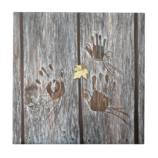 Handprints Birds on Wooden Boards with Autumn Leaf Ceramic Tile
