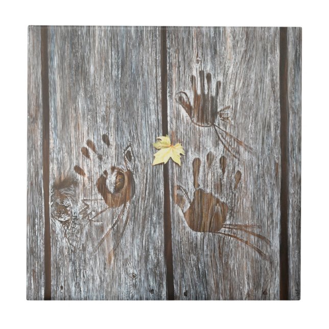 Handprints Birds on Wooden Boards with Autumn Leaf Ceramic Tile (Front)