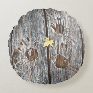 Handprints Birds on Wooden Boards with Autumn Leaf Round Pillow