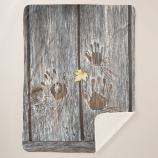 Handprints Birds on Wooden Boards with Autumn Leaf Sherpa Blanket