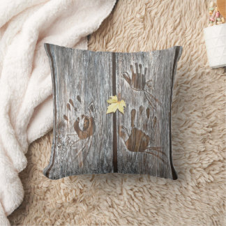 Handprints Birds on Wooden Boards with Autumn Leaf Throw Pillow