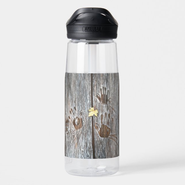 Handprints Birds on Wooden Boards with Autumn Leaf Water Bottle (Back)