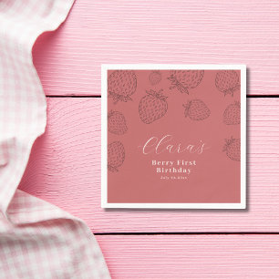 Handraw Pink Strawberry Minimalist Birthday Napkins