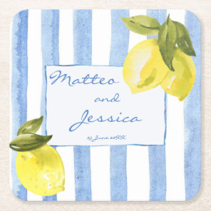 Handrawn blue stripes lemons Italian wedding favor Square Paper Coaster