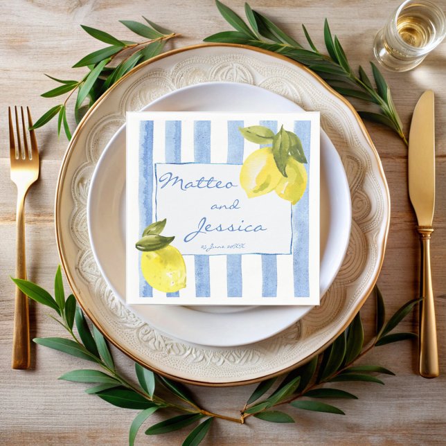 Handrawn blue stripes lemons Italian wedding Napkins (Handrawn blue stripes lemons Italian wedding monogrammed Napkins personalized decor printed napkins)