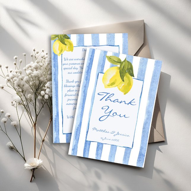 Handrawn blue stripes lemons Italian wedding Thank You Card (Handrawn blue stripes lemons modern retro funky Italian wedding Thank You Cards)
