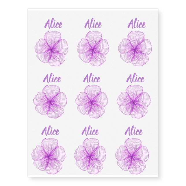 Handrawn Flowers Purple Original Drawing Name Temporary Tattoos (Front)