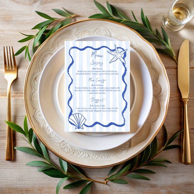 Handrawn sketch seashells beach wedding Menu (Handrawn sketch seashells blue wavy border beach wedding Menu cards personalized menu stationery)