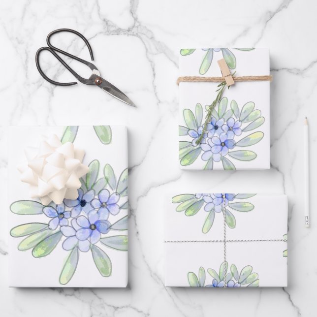 Handrawn water cute yellow, blue white wildflowers wrapping paper sheets (Front)