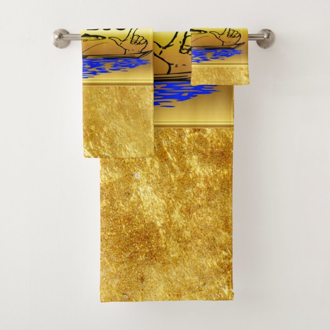 Hands apart showing a fish and a boat with water bath towel set (Insitu)