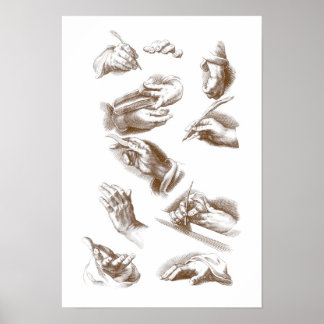Hands, gestures, drawing, 17th century, vintage poster