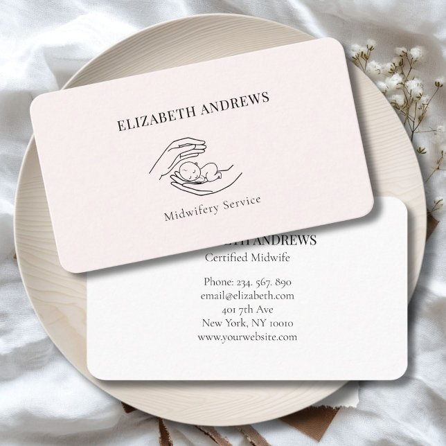 Hands holding a baby-simpel-modern business card (Hands holding A Baby - Line Art Illustration Blush White Business Card)