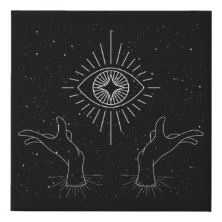 Hands holding the eye of power faux canvas print