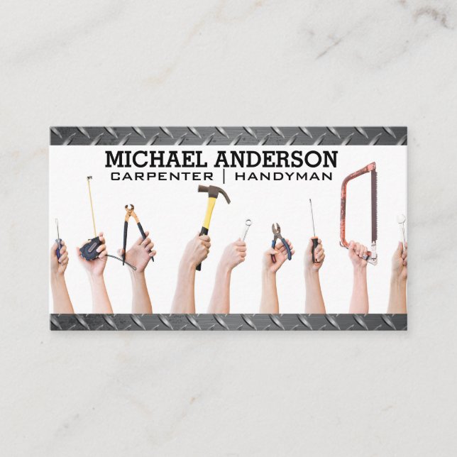 Hands Holding Tools | Carpentry Construction Business Card (Front)