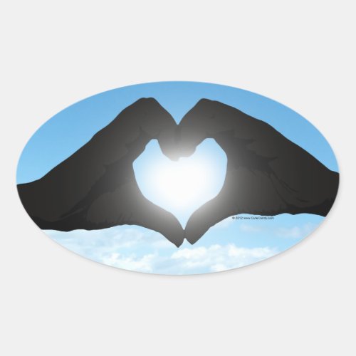 Hands in Heart Shape Silhouette on Blue Sky Oval Sticker