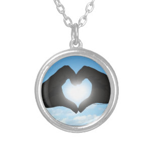 Hands in Heart Shape Silhouette on Blue Sky Silver Plated Necklace