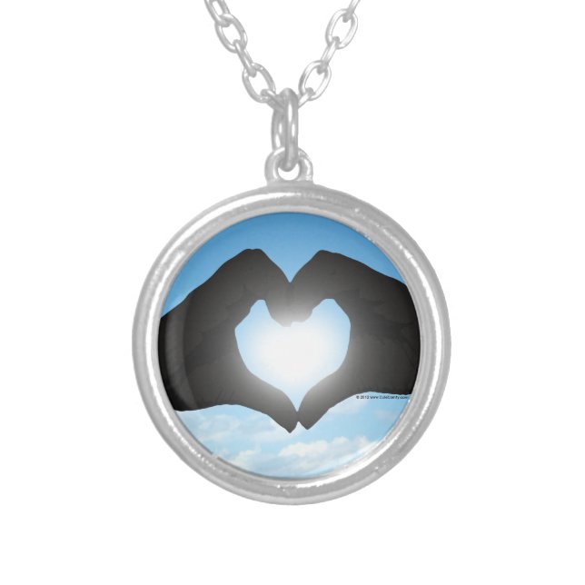 Hands in Heart Shape Silhouette on Blue Sky Silver Plated Necklace (Front)