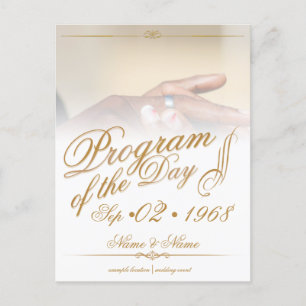 Hands of a colored wedding couple pin on ring gold announcement postcard