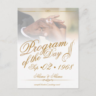 Hands of a colored wedding couple pin on ring gold invitation postcard