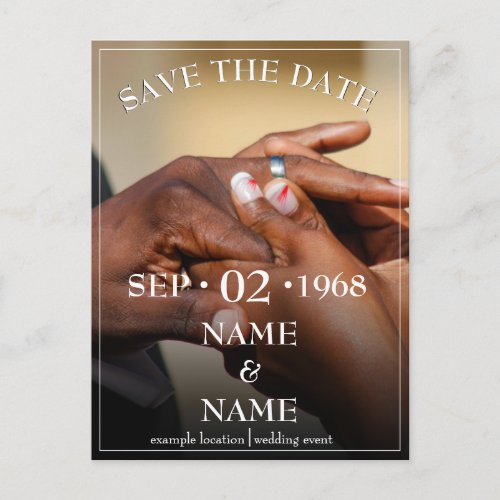 Hands of a colored wedding couple pin on ring invitation postcard