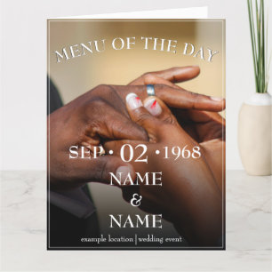 Hands of a colored wedding couple pin on ring thank you card