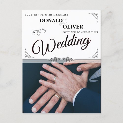 Hands of a Gay Wedding Couple with Rings Invitation Postcard