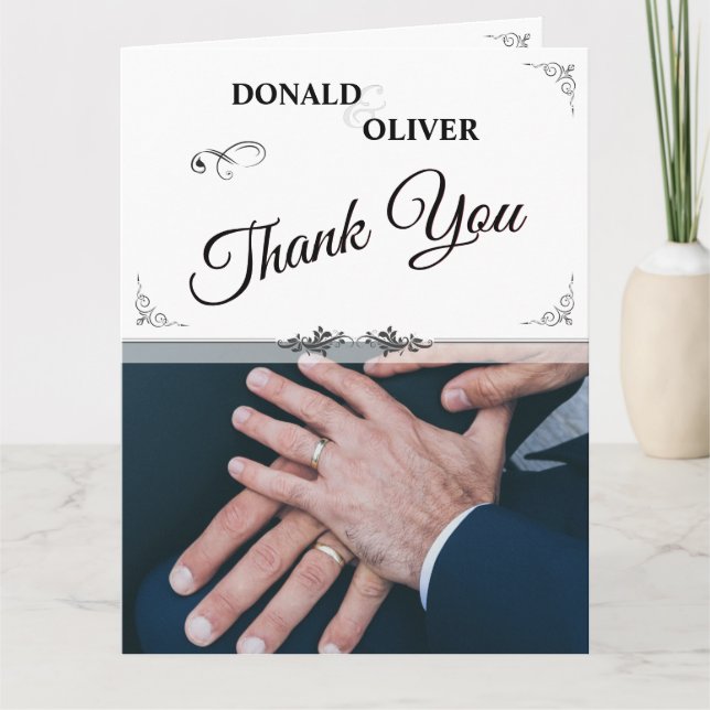 Hands of a Gay Wedding Couple with Rings Thank You Card (Front)