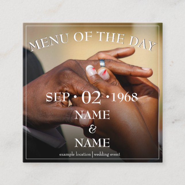Hands of a wedding couple with a ring enclosure card (Front)