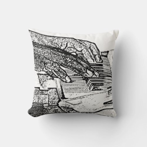 Hands playing piano bw sketch music design throw pillow
