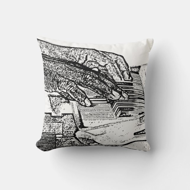 Hands playing piano bw sketch music design throw pillow (Front)