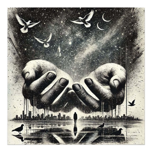 Hands Releasing Birds into the Sky, Black White Photo Print (Front)