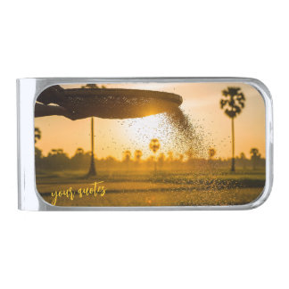 Hands Sifting Grain Rural Landscape Silver Finish Money Clip