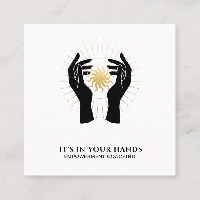 *~* Hands Sun Rays Black Gold Cosmic Energy Square Business Card (Front)
