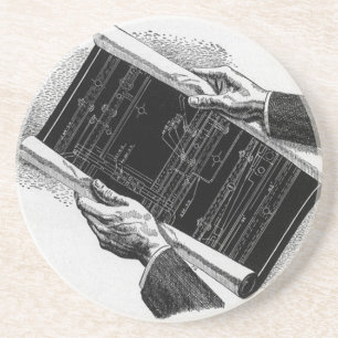 Hands w Architectural Blueprints, Vintage Business Sandstone Coaster
