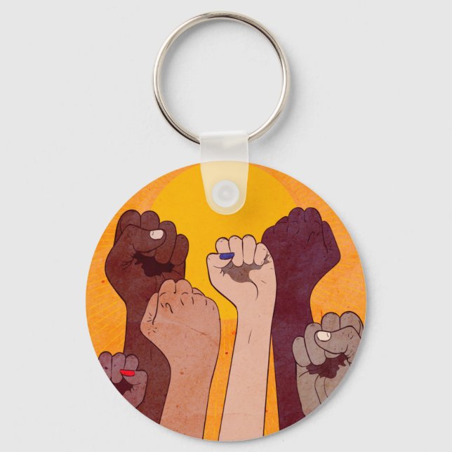 Hands with fist raised up over yellow sun  keychain (Front)