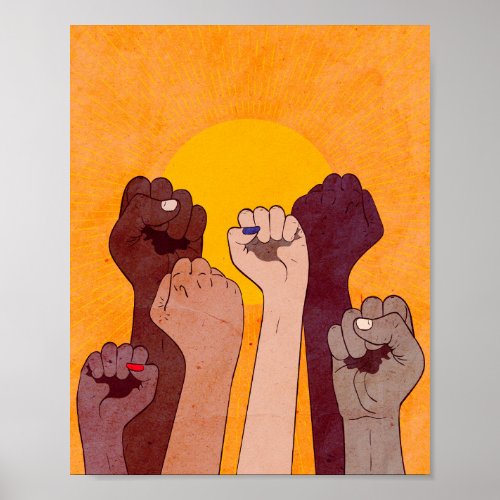 Hands with fist raised up over yellow sun  poster