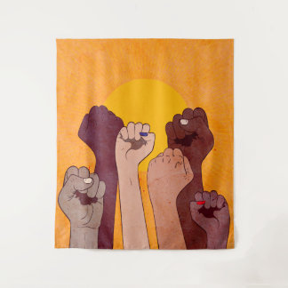 Hands with fist raised up over yellow sun tapestry
