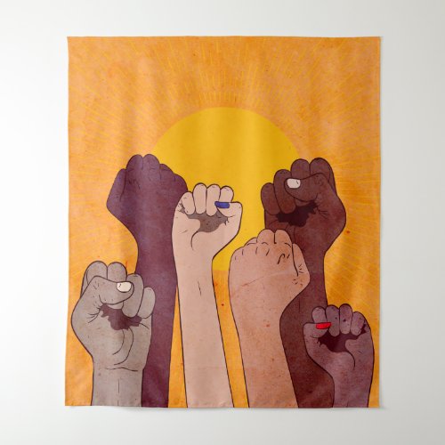 Hands with fist raised up over yellow sun tapestry