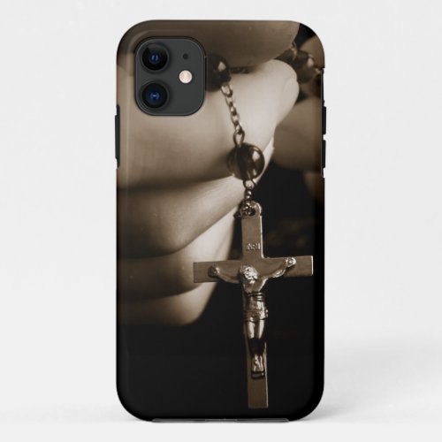 Hands with Rosary in Sepia iPhone 11 Case