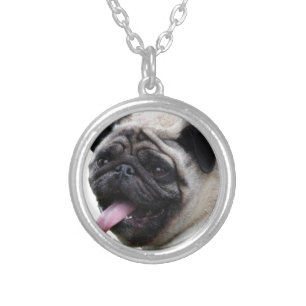 Handsom white Pug photo accessories, add names Silver Plated Necklace