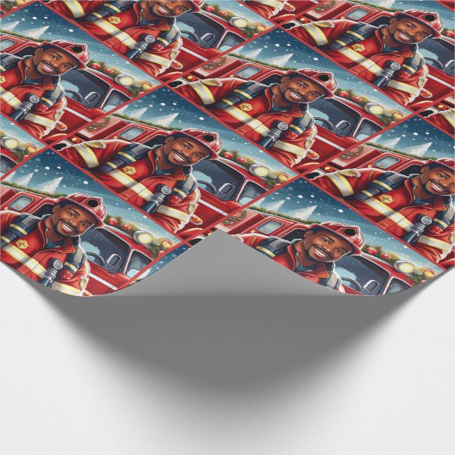 Handsome African American Firefighter Christmas Wrapping Paper (Corner)